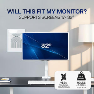 Single 17 to 32 inch Monitor Height Adjustable Counterbalance Mechanical Arm Desk Stand, Classic, Universal VESA Mount, White, STAND-V001OW