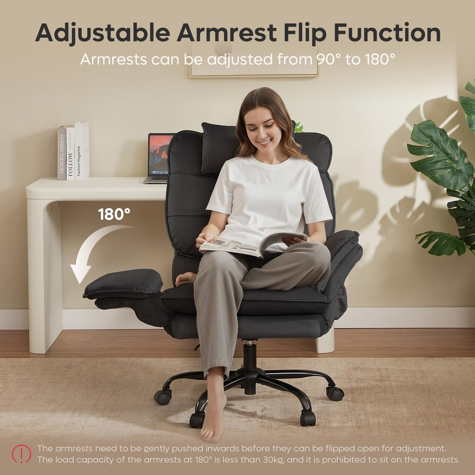 Criss Cross Chair with Flip-Up Armrests and Headrest, 135° Reclining Swivel Executive Chair with Side Pockets, Big and Tall Computer Desk Chair for Home Office Bedroom, Black Velvet