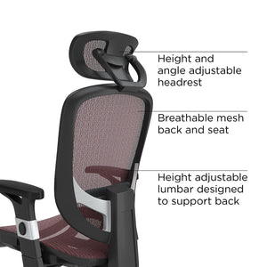 Ergonomic Task Chair, Mesh, Ergonomic, Lumbar Support, Swivel, Maroon