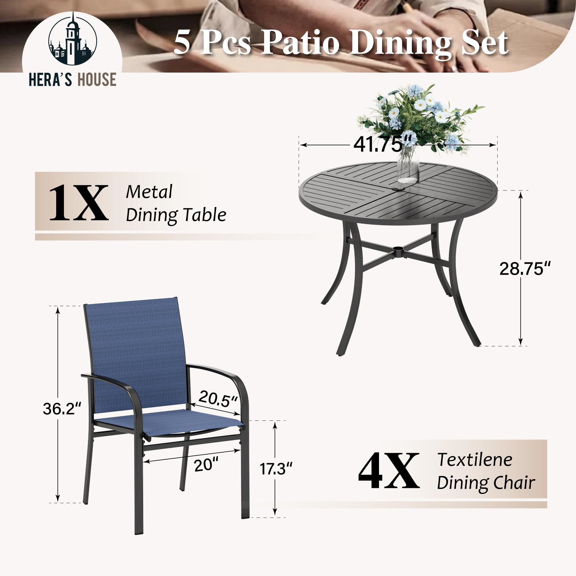 5 Pieces Patio Dining Set, 4 x Blue Textilene Dining Chair, 42" Metal Round Dining Table, Patio Table and Chairs Set for Lawn Garden Backyard Deck