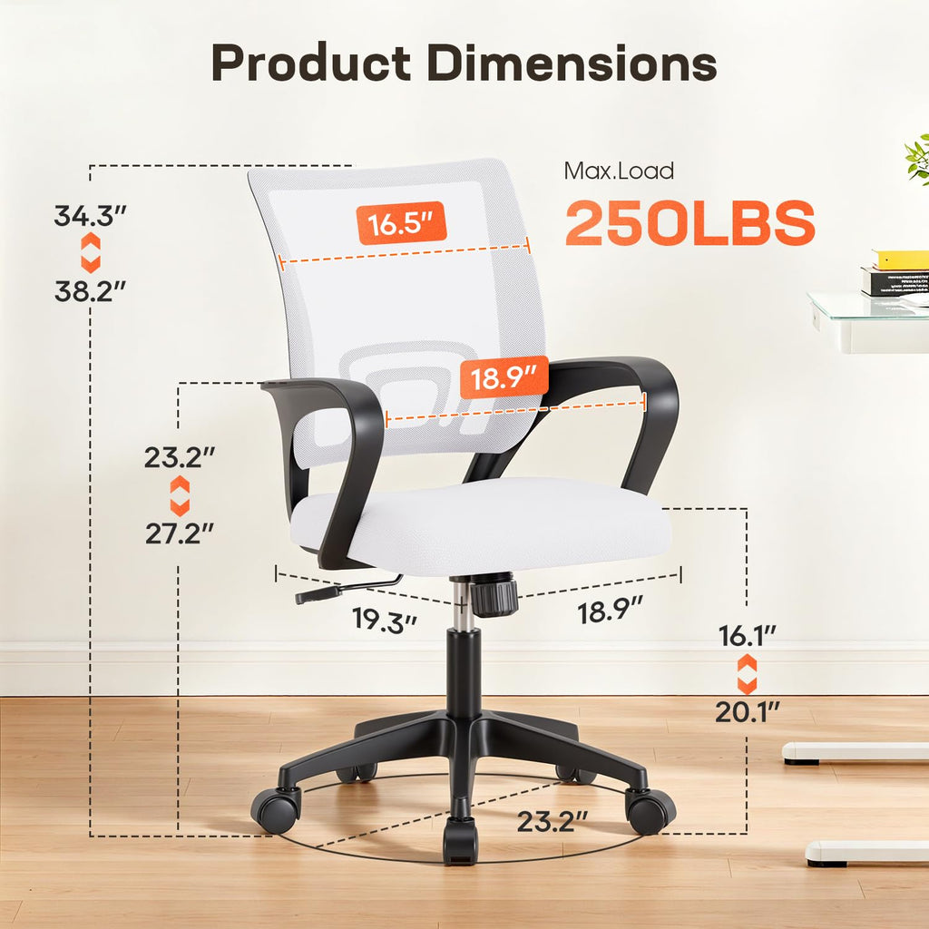 Ergonomic Office Chair | Mid-Back Swivel Desk Chair | Breathable Backrest & Lumbar Support | Adjustable Height | Sponge Seat | Rolling Wheels | White | for Adults & Women