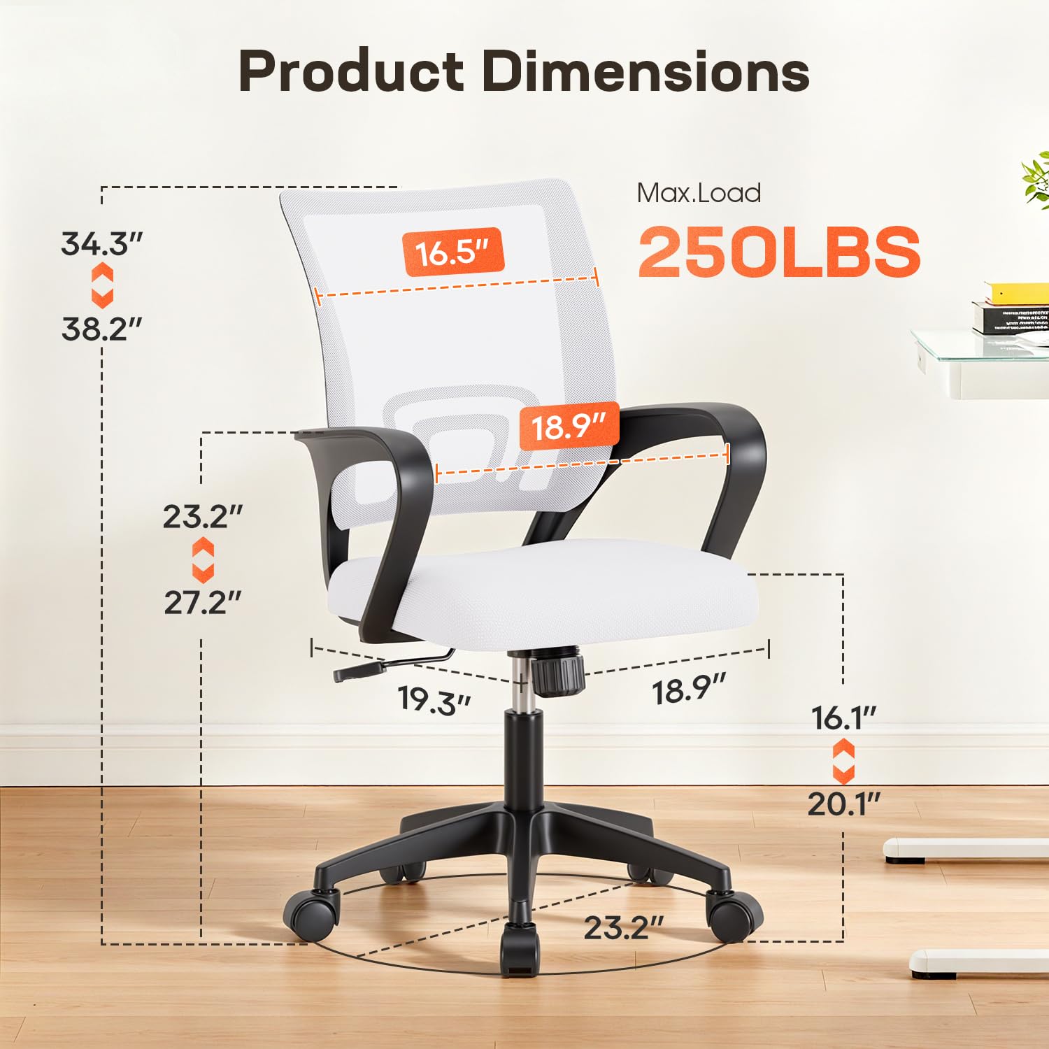 Ergonomic Office Chair | Mid-Back Swivel Desk Chair | Breathable Backrest & Lumbar Support | Adjustable Height | Sponge Seat | Rolling Wheels | White | for Adults & Women