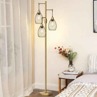 Dimmable Floor Lamp, 3 x 800LM LED Edison Bulbs Included, Farmhouse Industrial Floor Lamp Standing Tree Lamp with Elegant Teardrop Cage Tall Lamps for Living Room Bedroom Office Dining Room-Brass