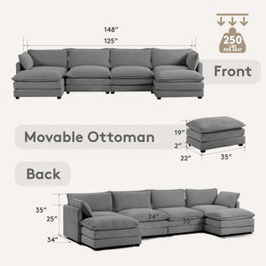 148'' Sectional Cloud Couch with 2 Ottomans, Oversized 4 Seat Sleeper Sofa with 2 Throw Pillows, Convertible Upholstered U Shaped Cozy Sofa Furniture Set for Living Room and Office, Dark Grey