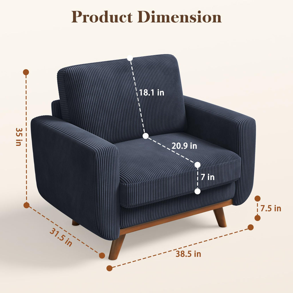 38.5" Accent Chair Dark Blue, Comfy Corduroy Single Sofa Seat with Spring Cushion, Upholstered Armchair with Deep Seat, Reading Chair for Adults, Modern Sofa for Living Room, Bedroom