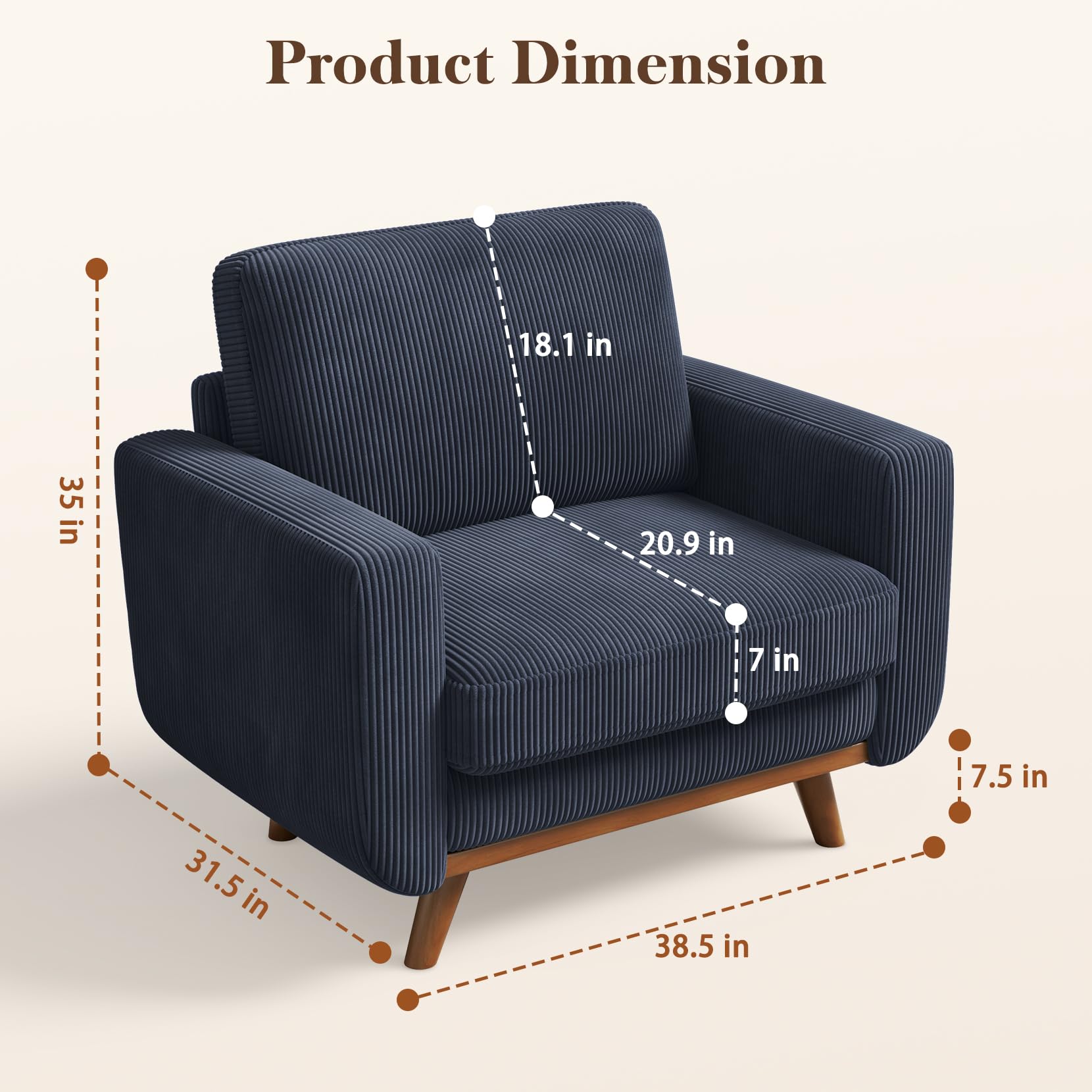 38.5" Accent Chair Dark Blue, Comfy Corduroy Single Sofa Seat with Spring Cushion, Upholstered Armchair with Deep Seat, Reading Chair for Adults, Modern Sofa for Living Room, Bedroom