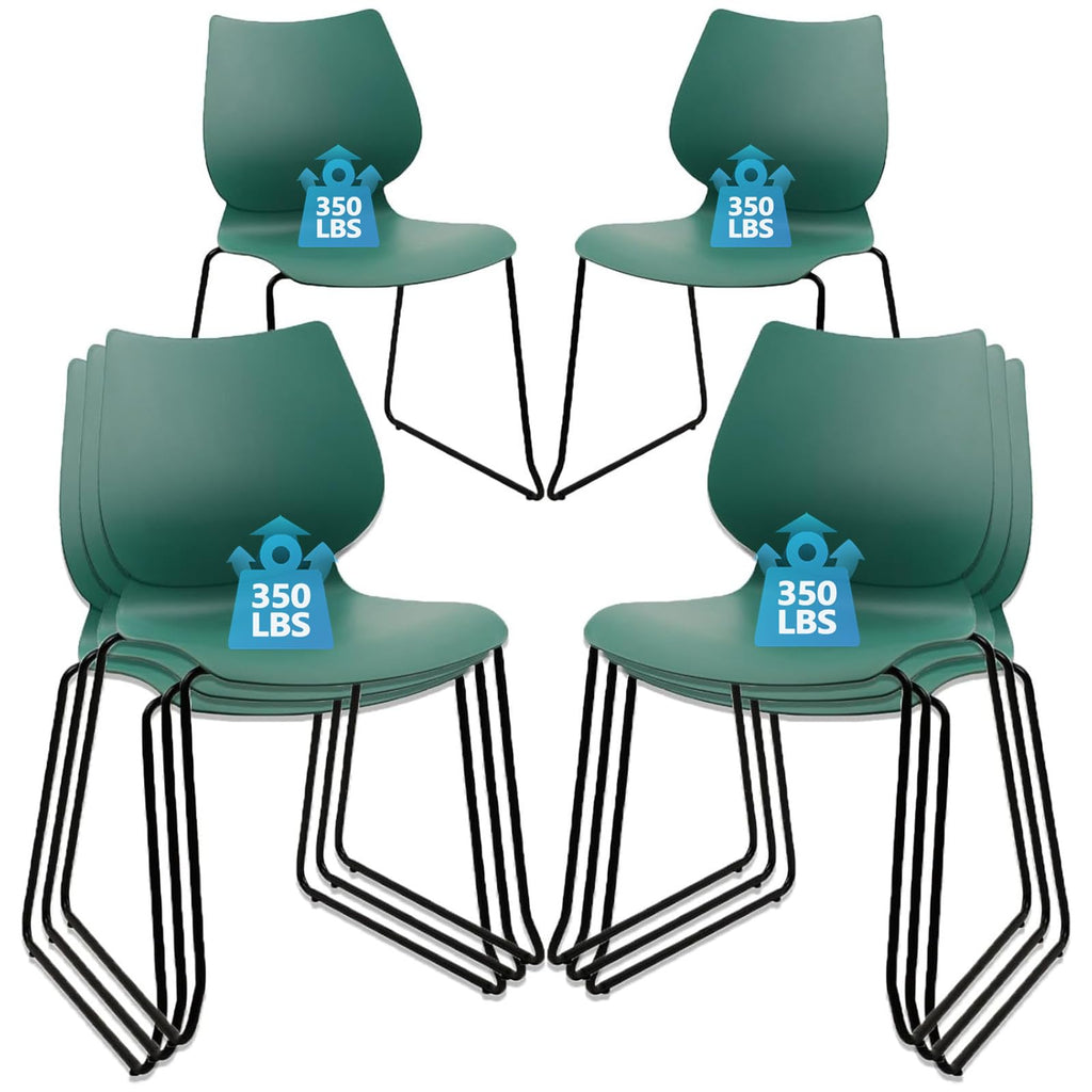 Set of 4, Green, Stackable Waiting Room Chair, Stacking Office Chair with Ergonomic Lumbar Support and Metal Legs, Plastic Desk Chairs for Conference School Church Guest Reception