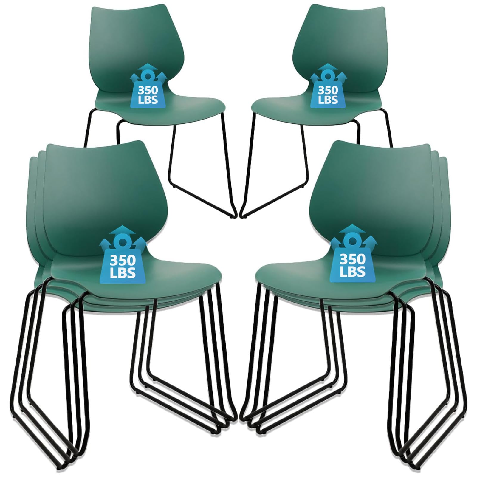 Set of 4, Green, Stackable Waiting Room Chair, Stacking Office Chair with Ergonomic Lumbar Support and Metal Legs, Plastic Desk Chairs for Conference School Church Guest Reception