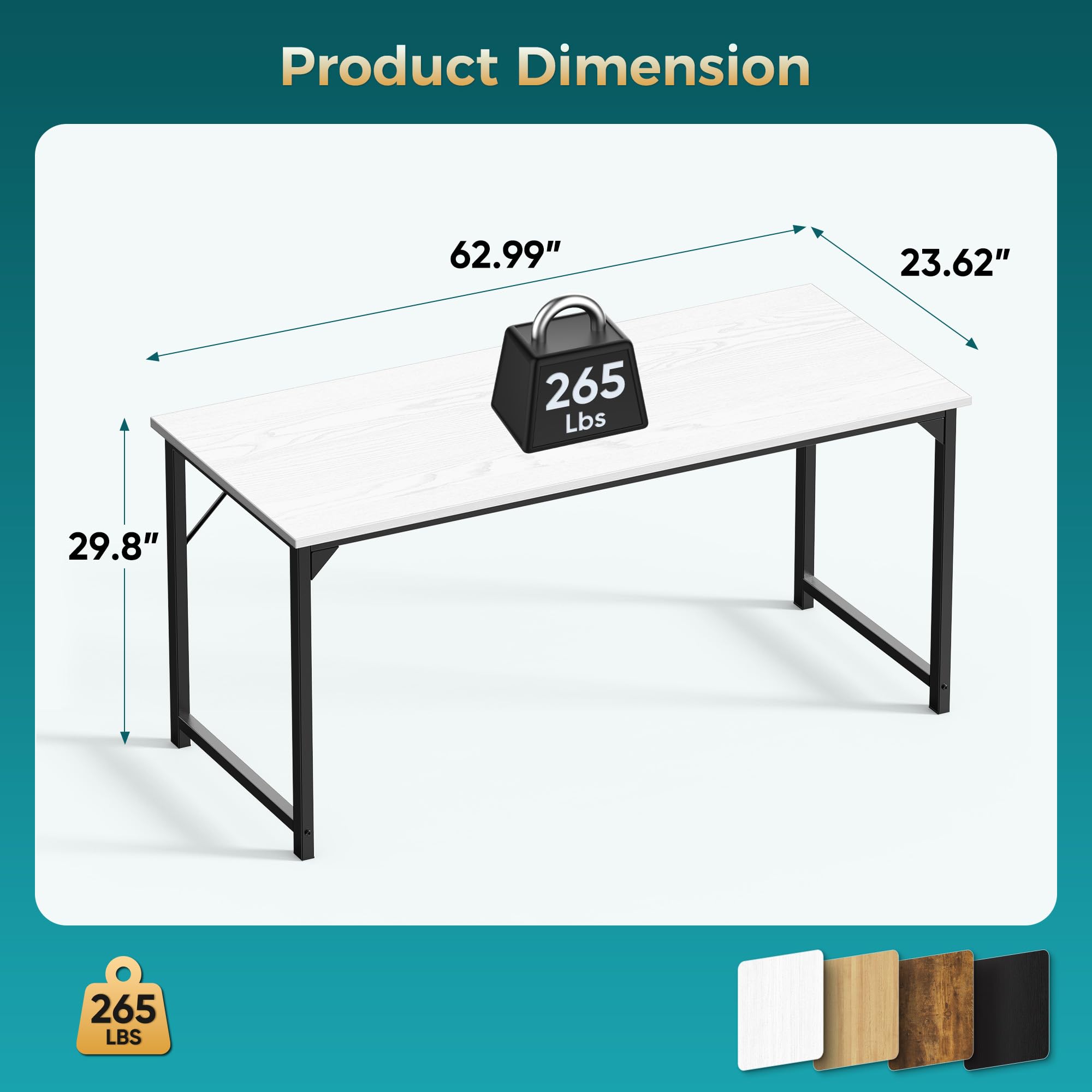 63 Inch Computer Desk for Home Office, Modern Study Work Table Simple Style for Bedroom, Large Writing Desks with Triangular Reinforcement, Wood White