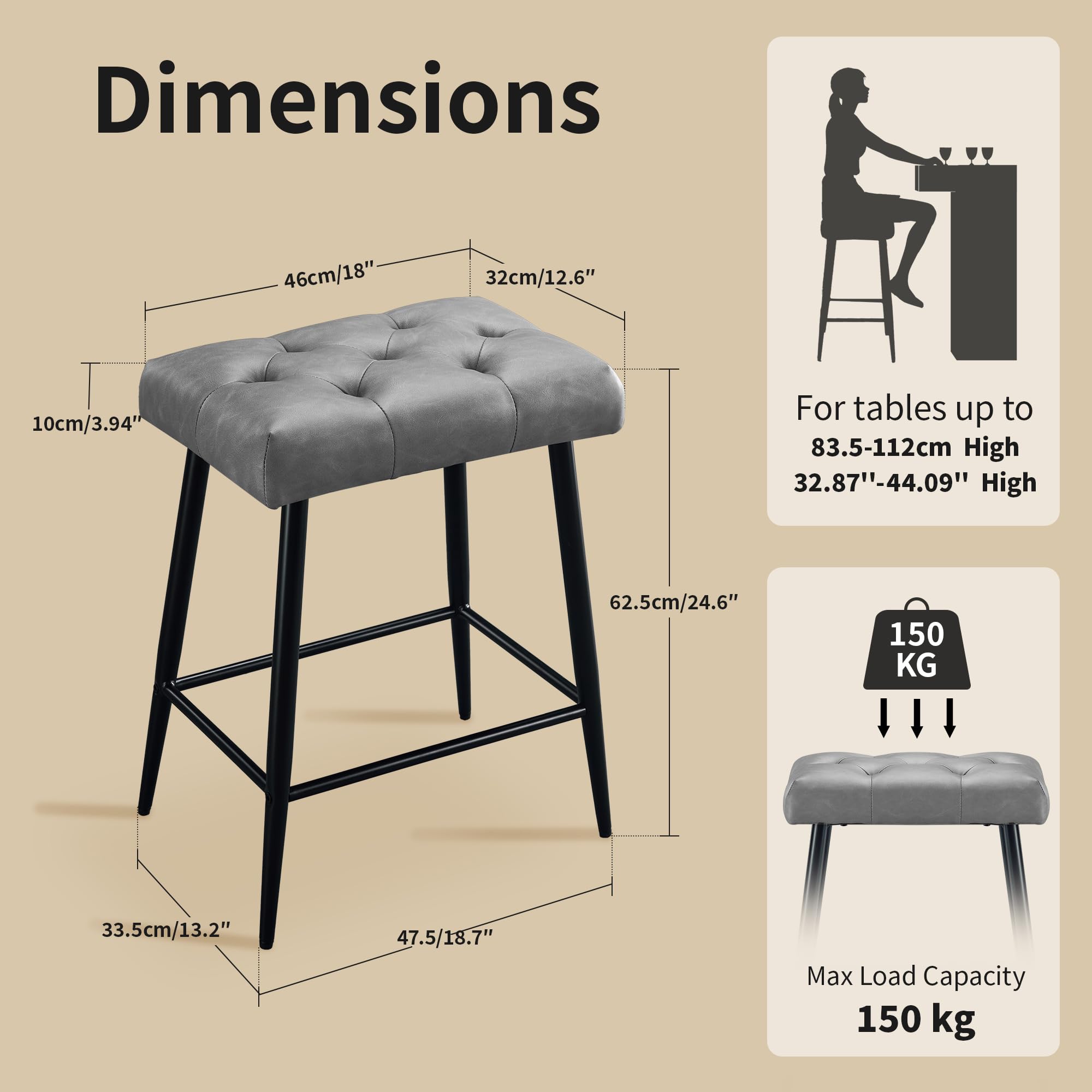 Bar Stools Set of 2, Counter Height Bar Stools for Kitchen Island, 24 Inch Modern Bar Stool for Kitchen Counter, Kitchen Bar Chairs with Footrest and Metal Legs, Grey