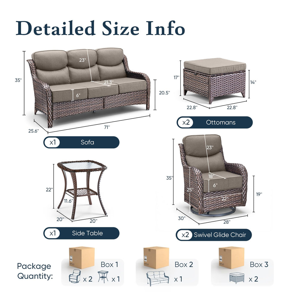 Luxury 6" Thick Cushioned 6 Pieces Patio Furniture Set with Outdoor Couch, Wicker Outdoor Conversation Set with High Back Swivel Rocker Chairs for Deck Porch Yard and Poolside - Brown+Grey
