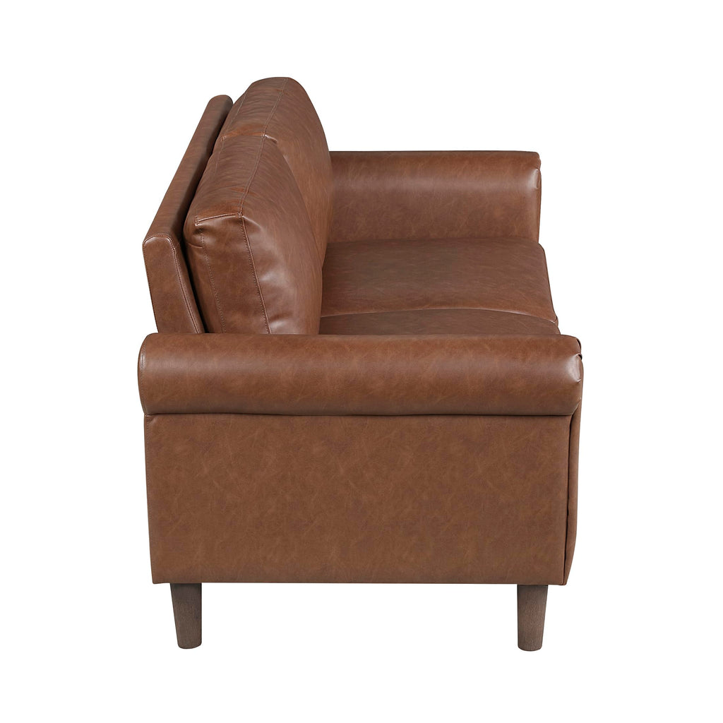 57" W Faux Leather Loveseat Sofa, Upholstered 2-Seater Couch with Rolled Armrest & Wood-Look Feet, Traditional Small Space Living Room, Office or Waiting Room Seating - Chocolate