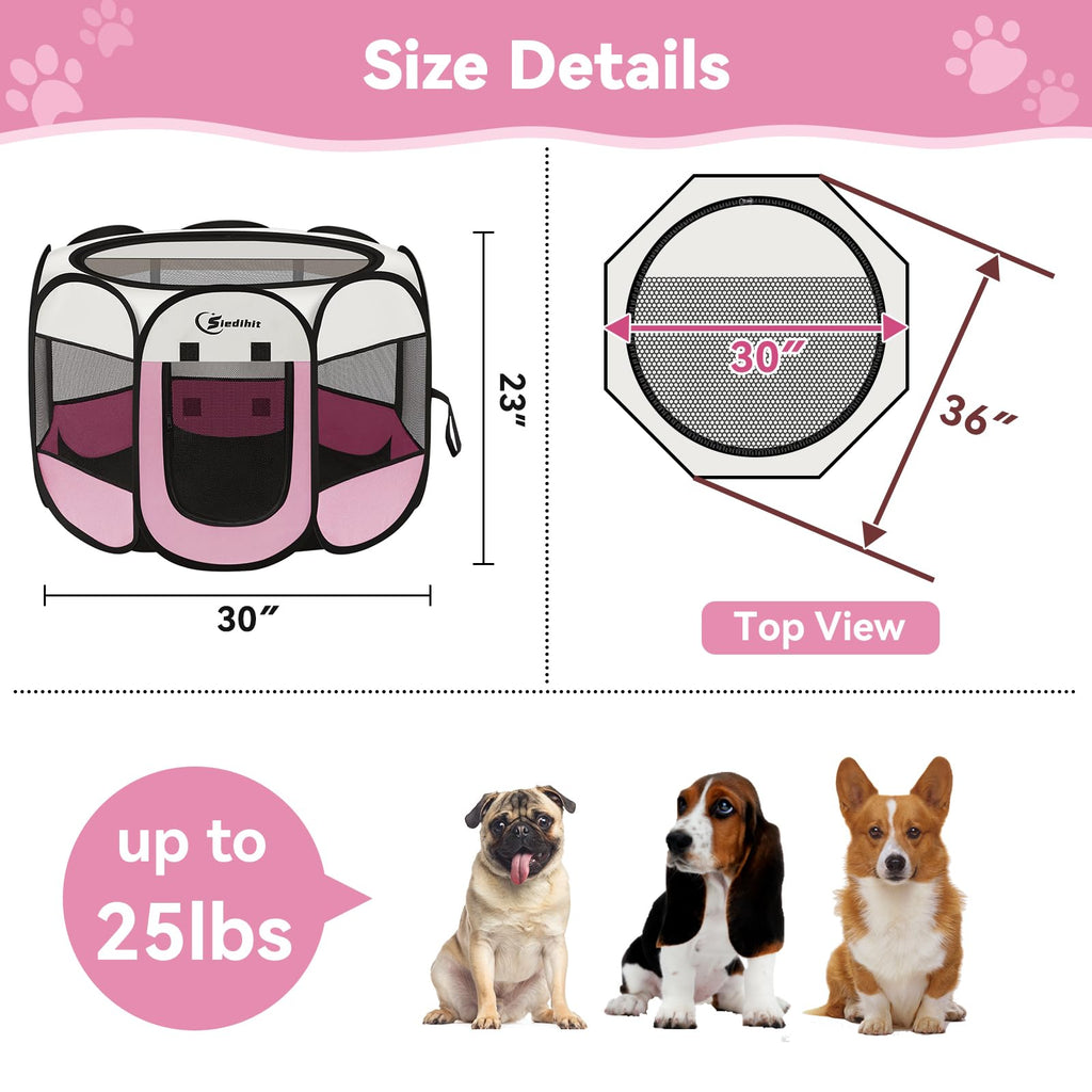 Pink Puppy Playpen for Middle Dog Cat, Dog Tent Crates Cage Indoor/Outdoor, Portable Pop Up Dog Kennel with Carrying Bag for Rabbits, (Pink, Medium)