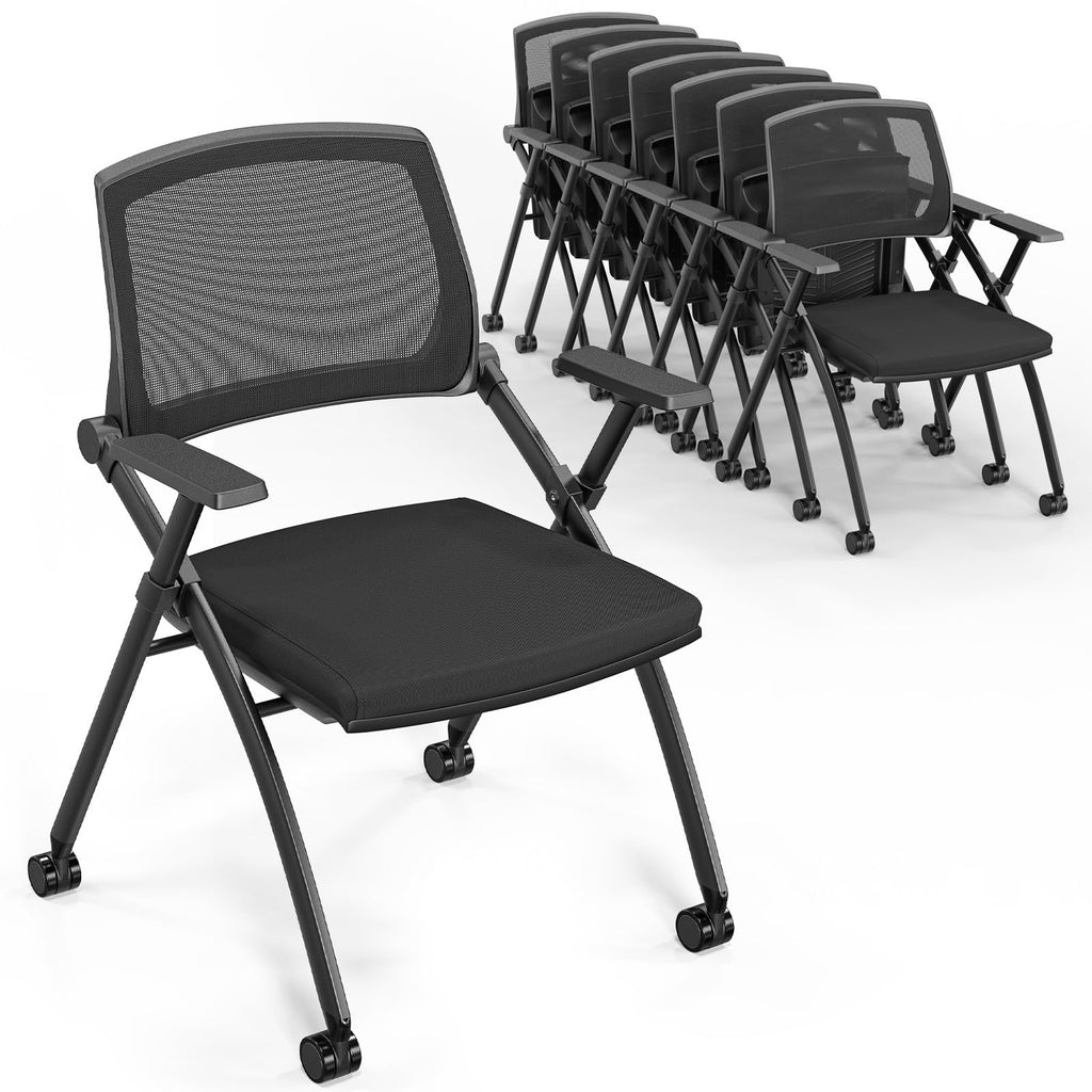 8 Pack Stackable Conference Room Chairs with Wheels, Folding Office Chair with Rebound Back, Padded Seat for Training Room, Guest, Reception, Event, Capacity 350lbs, Black