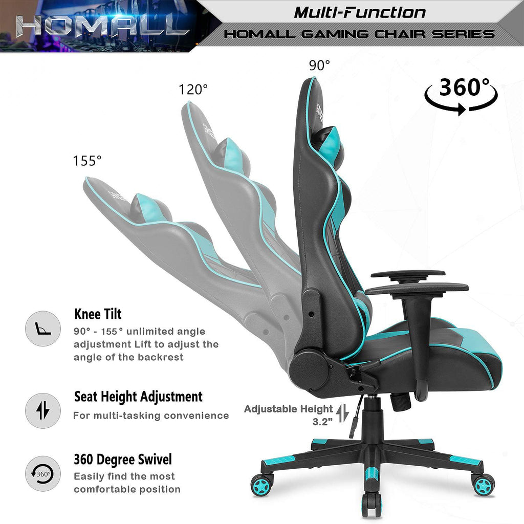 Gaming Chair, Office Chair High Back Computer Chair Leather Desk Chair Racing Executive Ergonomic Adjustable Swivel Task Chair with Headrest and Lumbar Support(Cyan)