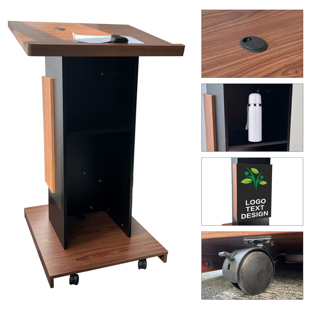 Customizable Wood Podium,Wooden Lectern Stand,15MM Particle Board,Elegant Design with Storage, Lockable Wheels, Mic Stand Space, Wooden Pulpit for Restaurants,Churches, Seminars and Schools