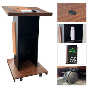 Customizable Wood Podium,Wooden Lectern Stand,15MM Particle Board,Elegant Design with Storage, Lockable Wheels, Mic Stand Space, Wooden Pulpit for Restaurants,Churches, Seminars and Schools