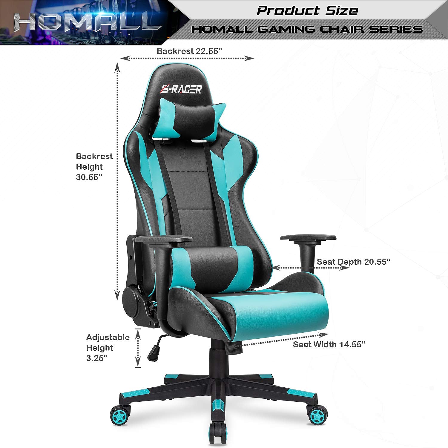 Gaming Chair, Office Chair High Back Computer Chair Leather Desk Chair Racing Executive Ergonomic Adjustable Swivel Task Chair with Headrest and Lumbar Support(Cyan)
