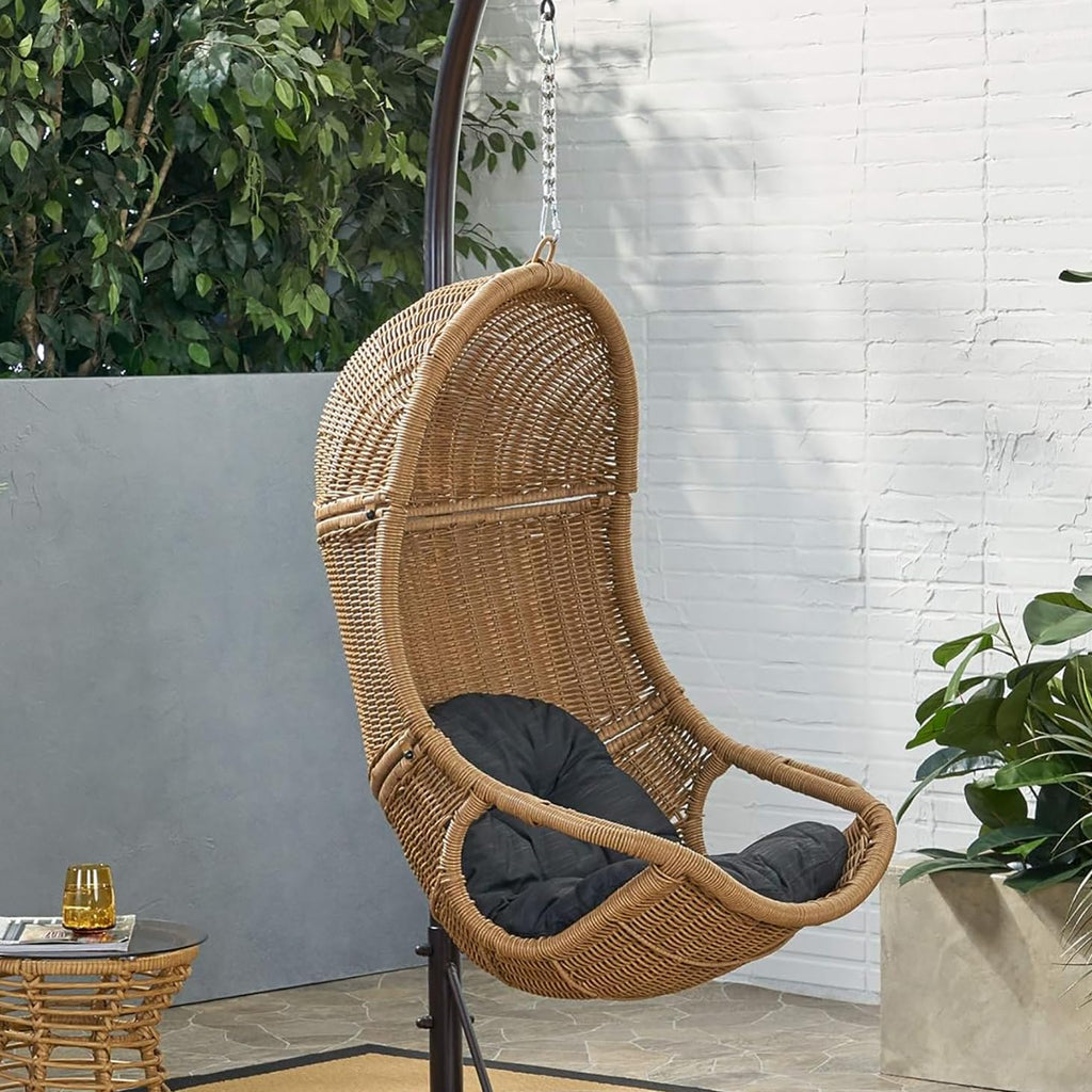 Hanging Basket Chair with Cushion, Outdoor Indoor Basket Chair, Boho Garden Rattan Lounger Porch Swing Furniture, Modern Patio Decor, Brown+Gray