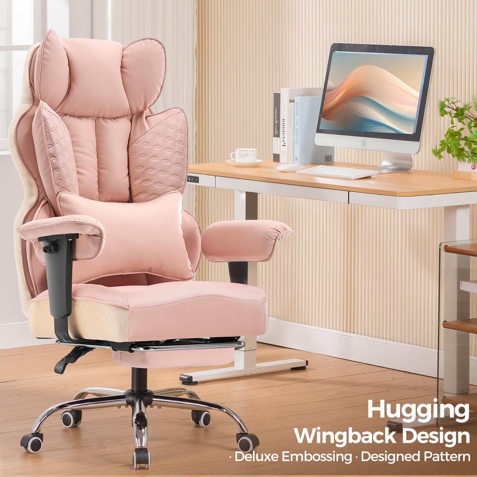 Big and Tall Gaming Chair 400lbs Heavy Duty Office Chair with Foot Rest & Ergonomic Pocket Spring Lumbar Support, High Back 3D Saddle Shaped Cushion for Back Pain Relief, Pink