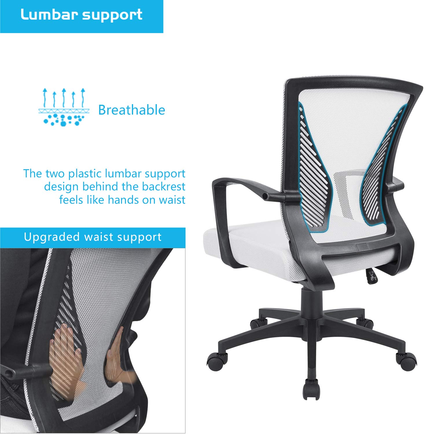 Office Chair Ergonomic Computer Desk Mesh Chair Mid Back Swivel Lumbar Support with Armrest (1, White)