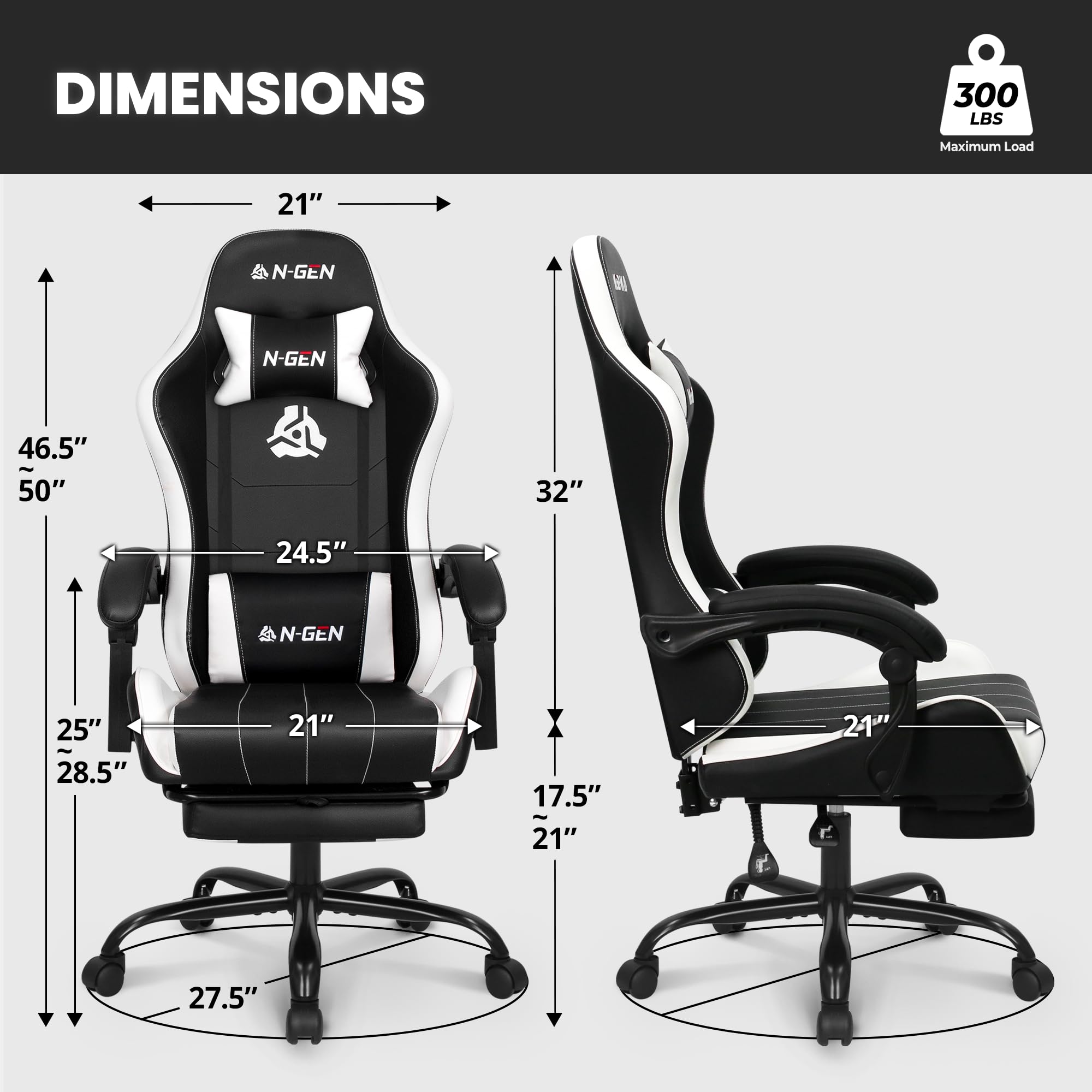Video Gaming Chair with Footrest Lumbar Support for Home Office High Back Recliner Height Adjustable Ergonomic Comfy Leather Computer Desk Chair (White)