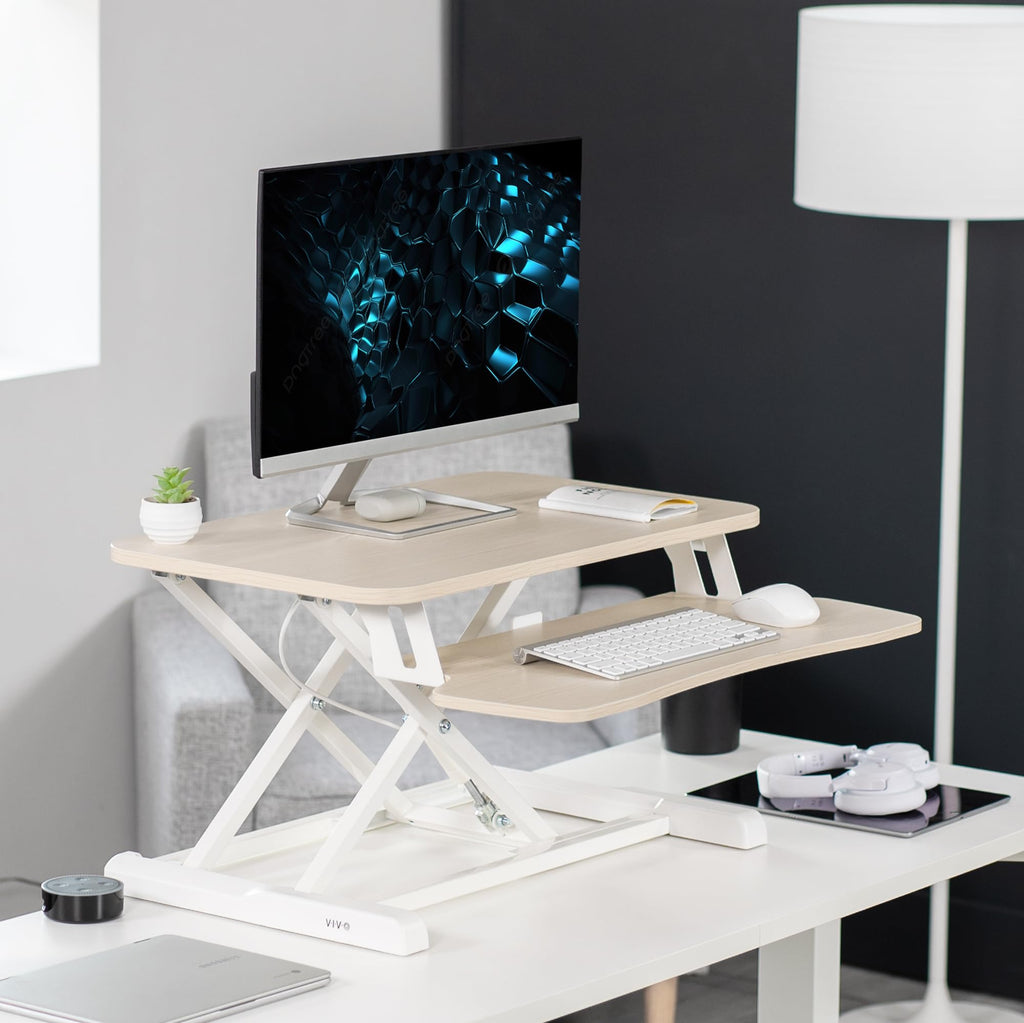 26 inch Desk Converter, K Series, Height Adjustable Sit to Stand Riser, Dual Monitor and Laptop Workstation with Keyboard Tray, Light Wood Top, White Frame, DESK-V026KF