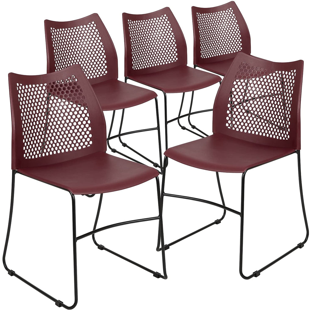 5 Pack 661 lb. Capacity Burgundy Stack Chair with Air-Vent Back and Black Powder Coated Sled Base