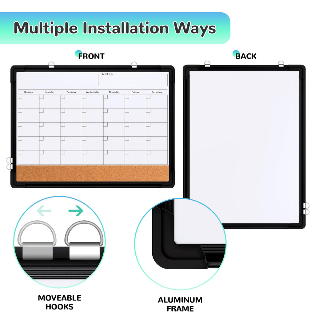 Monthly Calendar Whiteboard for Wall, 24x18 Inches Dry Erase Board with Cork Board Combo, Magnetic White Board, Double-Sided Hanging Portable Board for Office School Home Kitchen Planner, Black