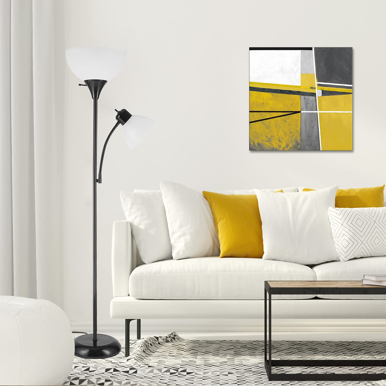 72" Torchiere Floor Lamp and Adjustable Reading Light, Matte Black, Frosted Shade, Dual Rotary Switch, 3-Step Dimming, Modern Lighting for Living Room or Office