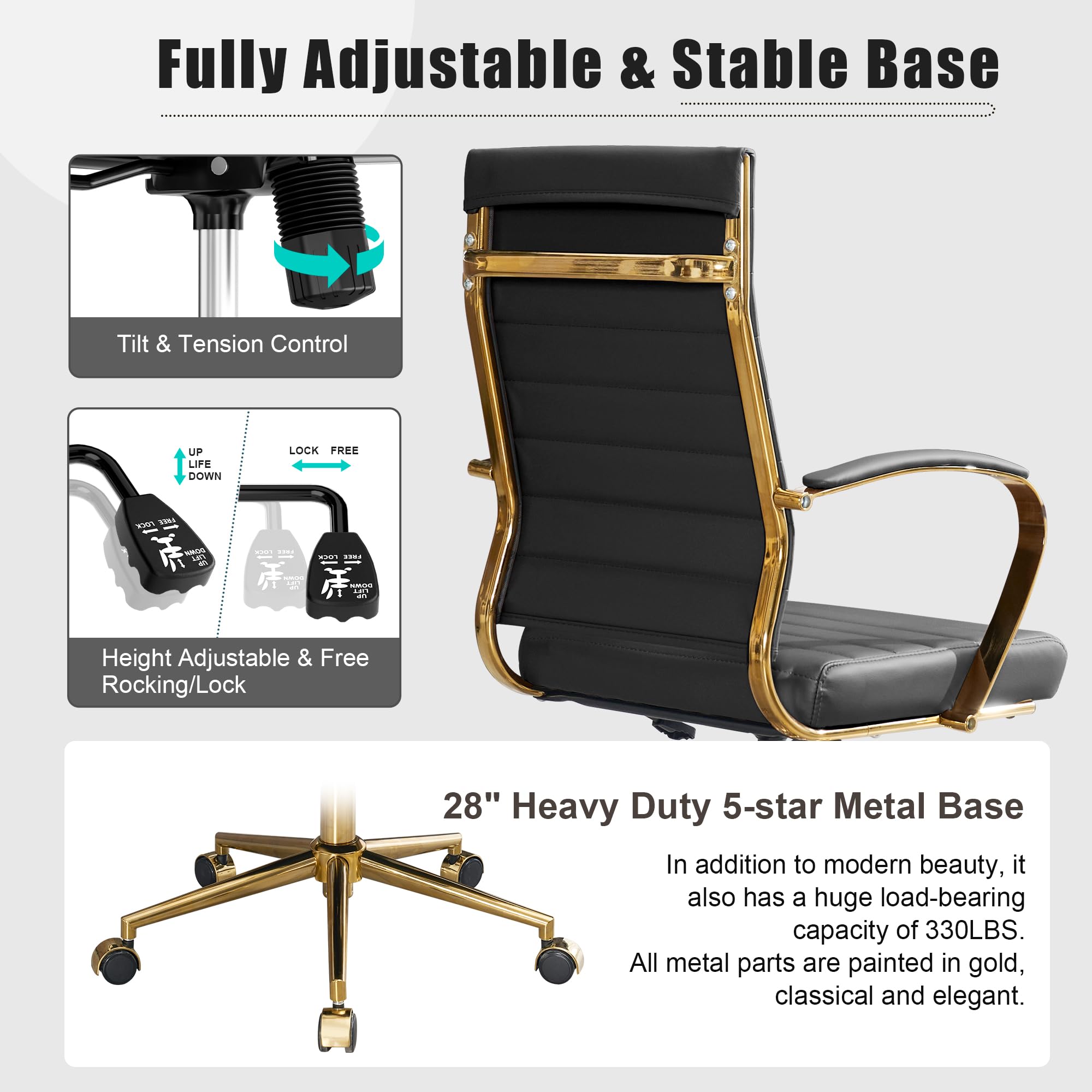 Gold Office Desk Chair, Ergonomic Leather Modern Conference Room Chairs, Executive Ribbed Height Adjustable Swivel Rolling Golden Chair for Home Office.