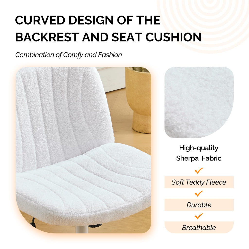 Criss Cross Legged Chair,Wide Comfy Office Desk Chair,Dual-Use with/no Wheels Computer Task Chair,Swivel Armless Vanity Boucle Chair for Study,Make Up,Home Office,Teddy Fleece,White