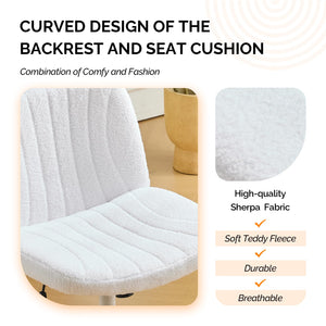 Criss Cross Legged Chair,Wide Comfy Office Desk Chair,Dual-Use with/no Wheels Computer Task Chair,Swivel Armless Vanity Boucle Chair for Study,Make Up,Home Office,Teddy Fleece,White