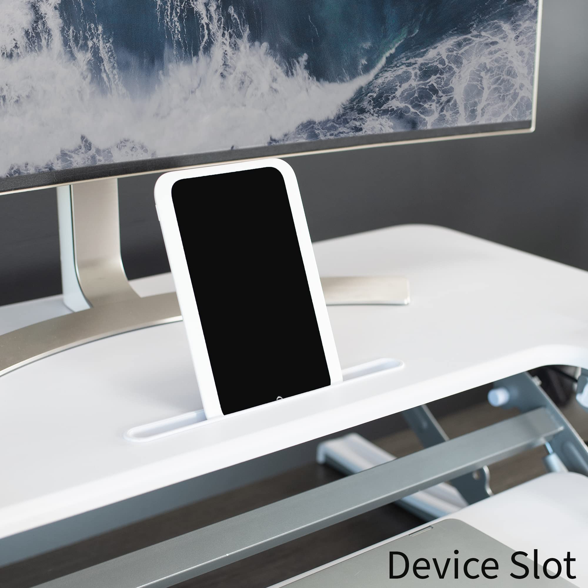 42 inch Height Adjustable Stand Up Desk Converter, V Series, Quick Sit to Stand Tabletop Dual Monitor Riser Workstation, White, DESK-V000VLW