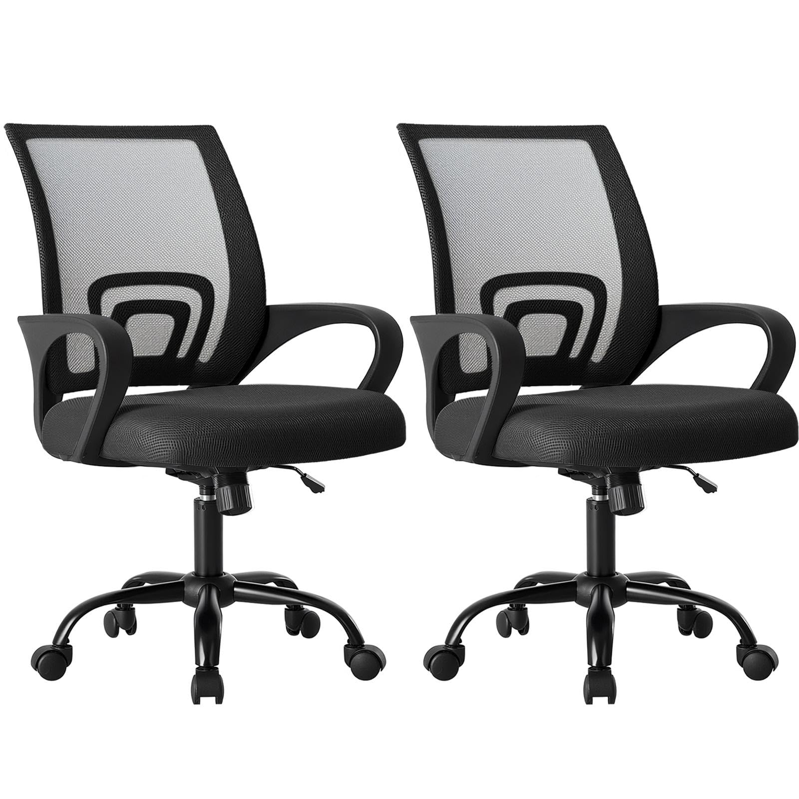 2 Pack, Office Desk Chair - Ergonomic Mid Back with Lumbar Support & Rocking Mode, Height Adjustable with Fixed Armrest, for Home, Computer, Gaming, Conference, Meeting, 360° Swivel, Black,