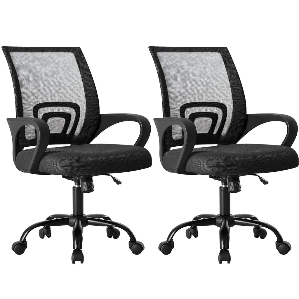2 Pack, Office Desk Chair - Ergonomic Mid Back with Lumbar Support & Rocking Mode, Height Adjustable with Fixed Armrest, for Home, Computer, Gaming, Conference, Meeting, 360° Swivel, Black,