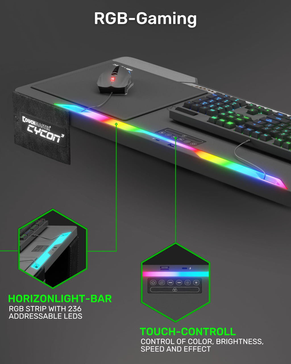 Lapboard³ with HORIZONLIGHT RGB Bar, Ultimate Ergonomic USB-Hub Gaming Lap Board for Couch and Bed, Large, Stable and Compatible with All Keyboards and Mice, Laptops, PCs, PS4/5, Xbox