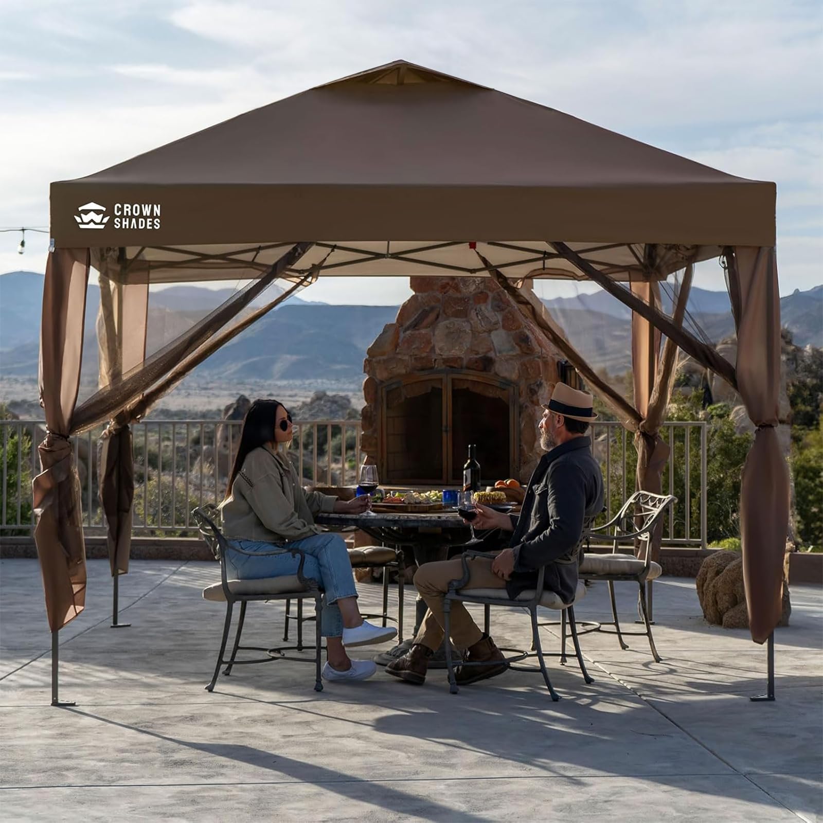 Gazebo 10x10, Pop Up Gazebo with Mosquito Netting, Screen Tent with 4 Ropes, 8 Stakes, 4 Sandbags and Wheeled Storage Bag, Canopy for Patio & Backyard, Coffee