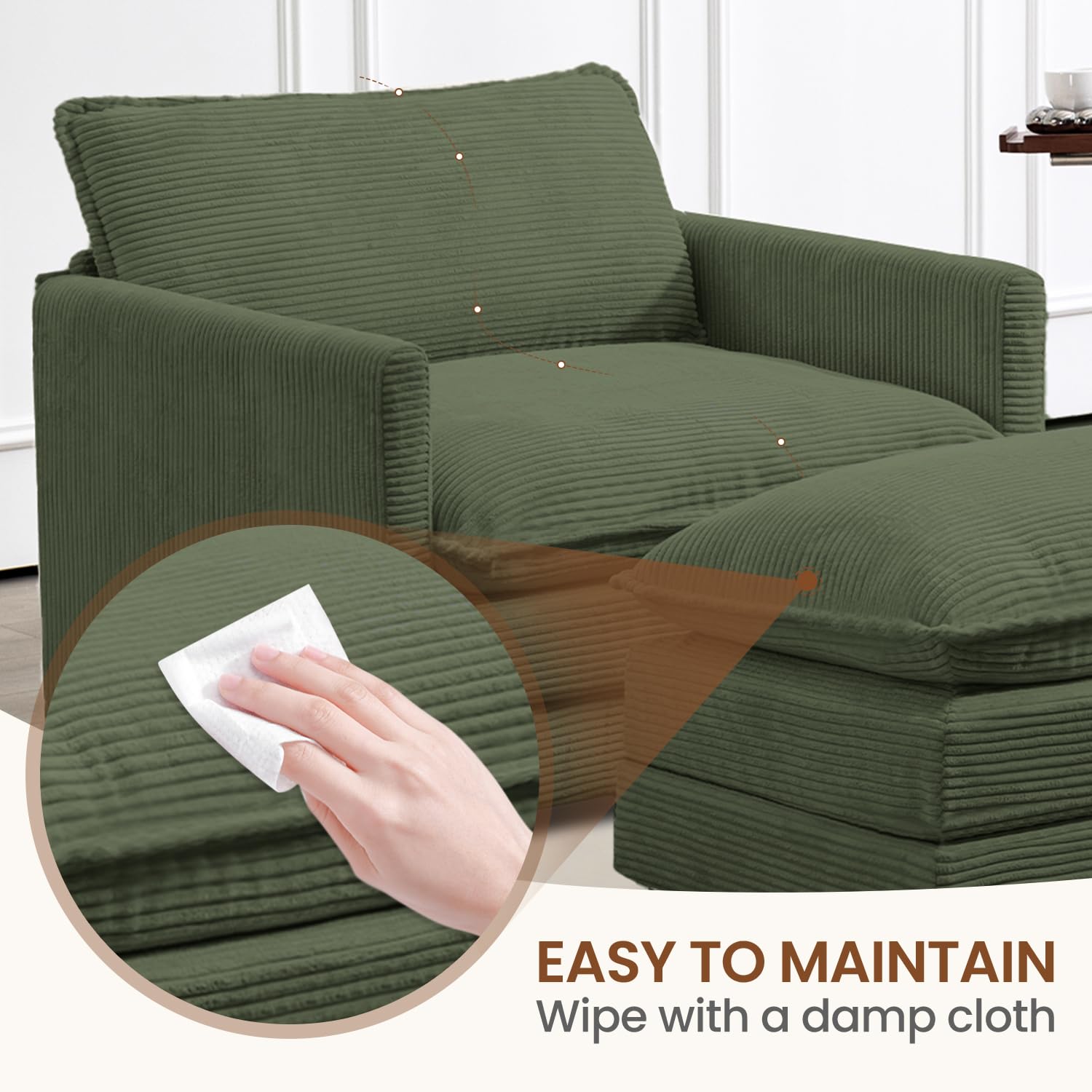 Single Armchair with Ottoman, Modern Corduroy Cloud Couch with Convertible Chaise, Upholstered Sofa Set for Living Room, Green