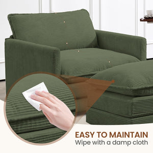 Single Armchair with Ottoman, Modern Corduroy Cloud Couch with Convertible Chaise, Upholstered Sofa Set for Living Room, Green