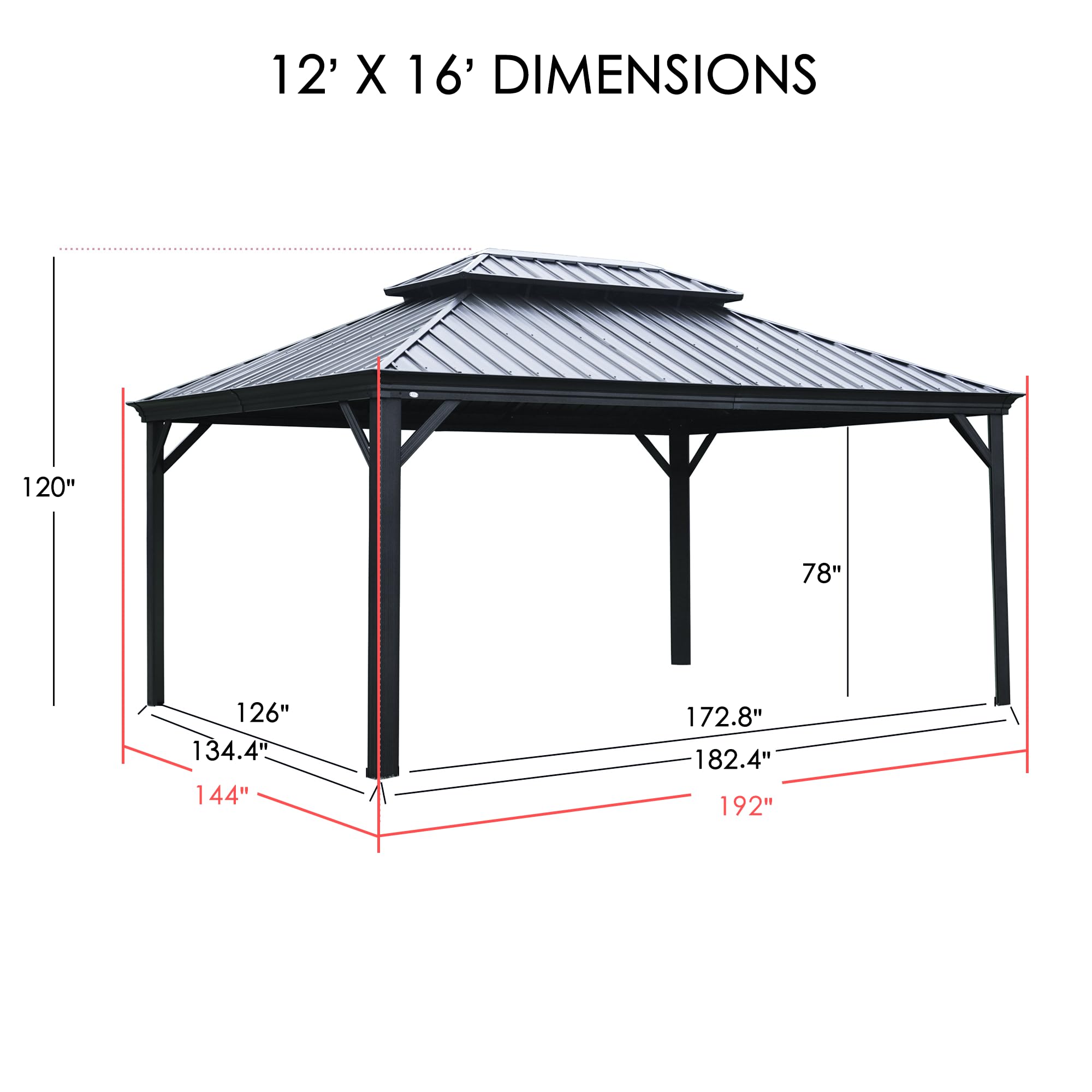 12' x 16' Hardtop Gazebo, Aluminum Frame with Galvanized Steel Double Roof, Outdoor Permanent Pavilion with Curtains and Netting for Patio, Backyard, Deck, Lawn (Gray)