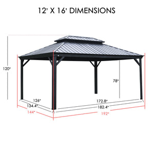 12‘ X 16’ Hardtop Aluminum Permanent Gazebo with a Mosquito Net and Privacy Sidewalls, Permanent Gazebo Pavilion for Patio, Backyard (Brown)