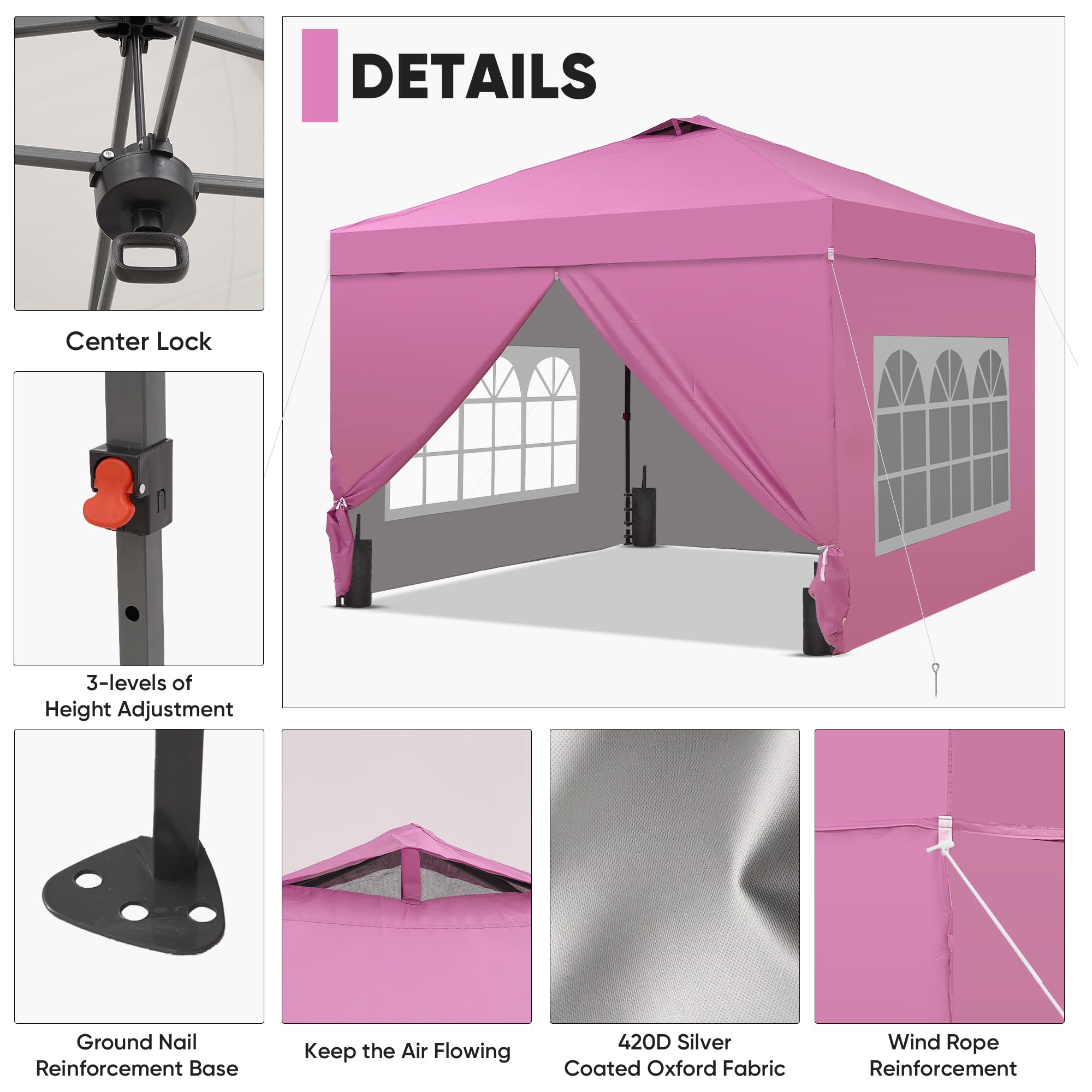 12x12 Pop Up Canopy Tent with 4 Sidewalls, Easy Set up with One Push Lift Gazebo with Wheel Bag and4 Sandbags,Carpas for Events, Parties,Camping, Pink.