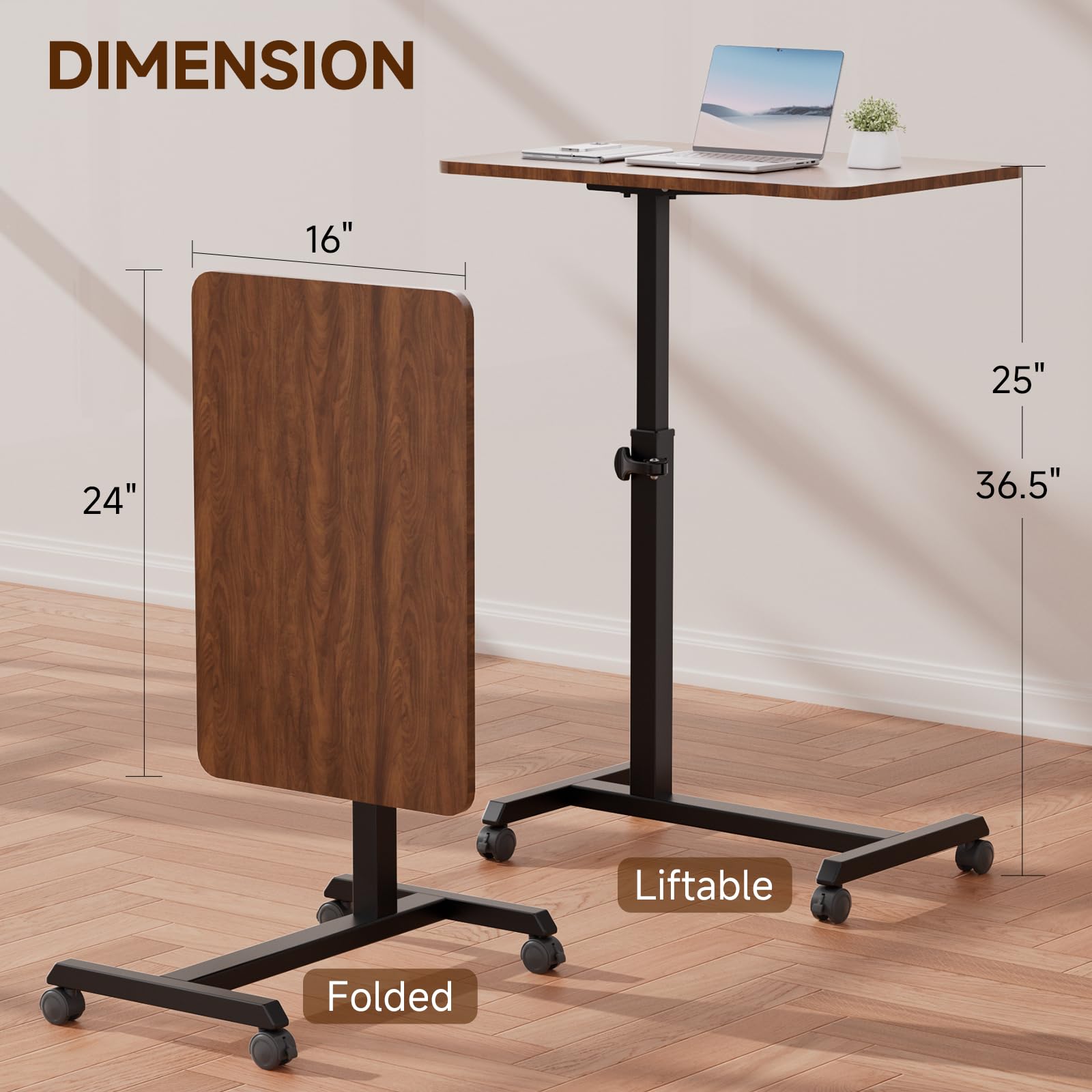 Small Standing Desk, 24 Inches Foldable Mobile Rolling Laptop PC Table with Lockable Casters, Adjustable Height Overbed Bedside Table Computer Workstation for Home Office, Walnut-Foldable