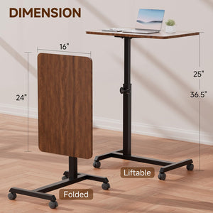 Small Standing Desk, 24 Inches Foldable Mobile Rolling Laptop PC Table with Lockable Casters, Adjustable Height Overbed Bedside Table Computer Workstation for Home Office, Dark Brown-Foldable