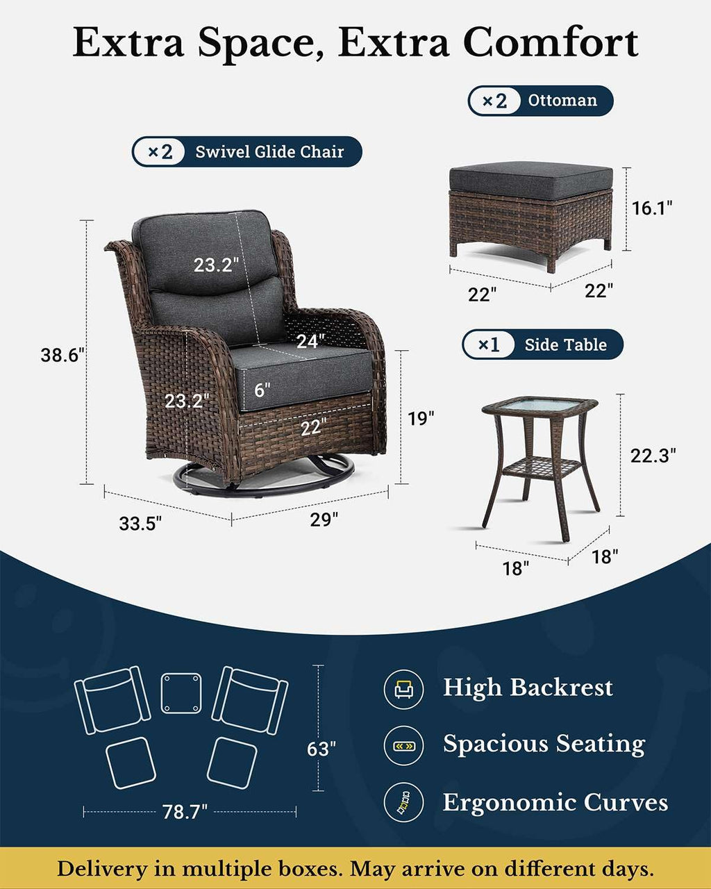 Luxury Patio Furniture Set with 6-inch Thick Cushion, Outdoor High Back Swivel Rocker Patio Chairs, 5PCS Wicker Conversation Set for Deck Yard and Poolside, Dark Grey (V2)