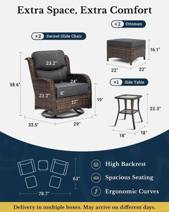 Luxury Patio Furniture Set with 6-inch Thick Cushion, Outdoor High Back Swivel Rocker Patio Chairs, 5PCS Wicker Conversation Set for Deck Yard and Poolside, Dark Grey (V2)