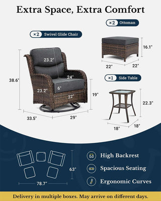 Luxury Patio Furniture Set with 6-inch Thick Cushion, Outdoor High Back Swivel Rocker Patio Chairs, 5PCS Wicker Conversation Set for Deck Yard and Poolside, Dark Grey (V2)