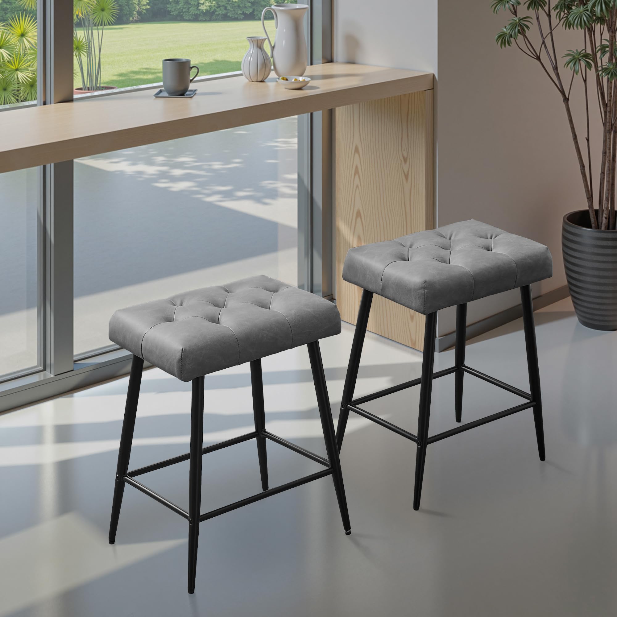 Bar Stools Set of 2, Counter Height Bar Stools for Kitchen Island, 24 Inch Modern Bar Stool for Kitchen Counter, Kitchen Bar Chairs with Footrest and Metal Legs, Grey