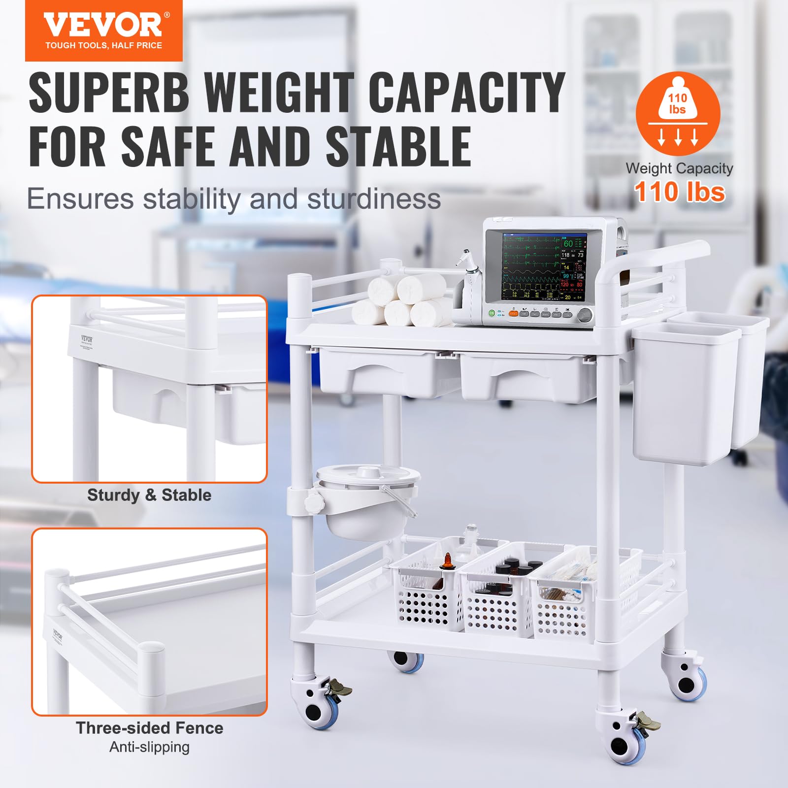 Medical Mobile Trolley Cart with 2 Drawers & 3 Trash Cans, 2 Tiers Beauty Salon Rolling Trolley with 4 Silent Wheels & 2 Dirts Bucket & Bowl, Medical Utility Cart for Hospital Dental Clinic Lab